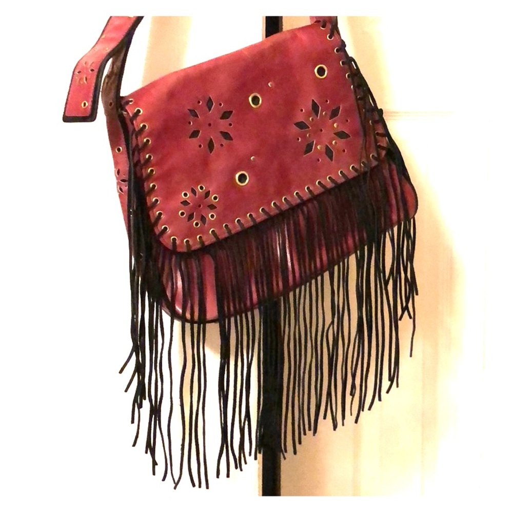 Purple Leather Purse with black leather fringes